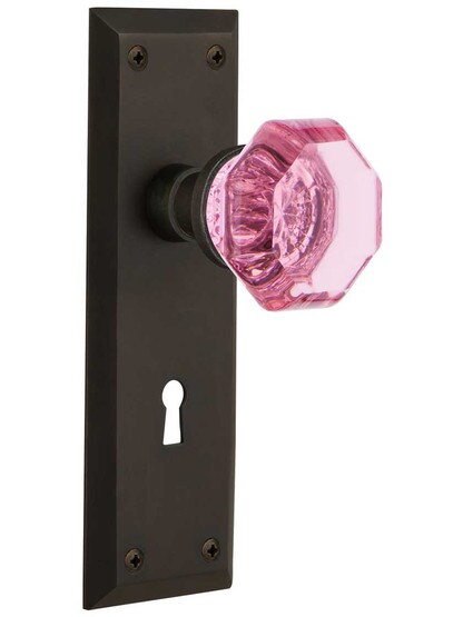 New York Mortise Lock Set with Colored Waldorf Crystal Glass Knobs Pink in Oil-Rubbed Bronze.